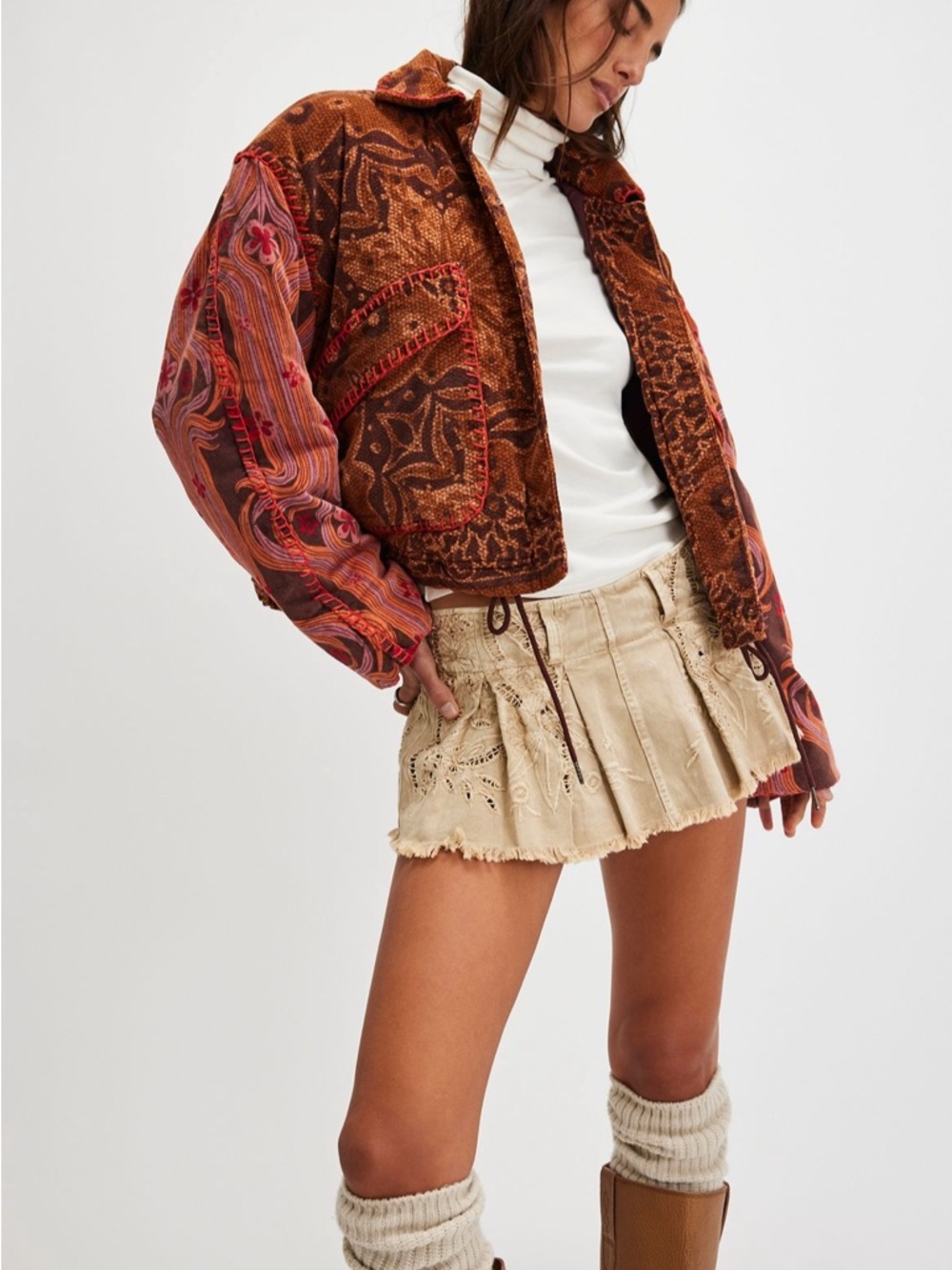 Free People Giving Joy Embroidered Patchwork Cropped Jacket in Rust